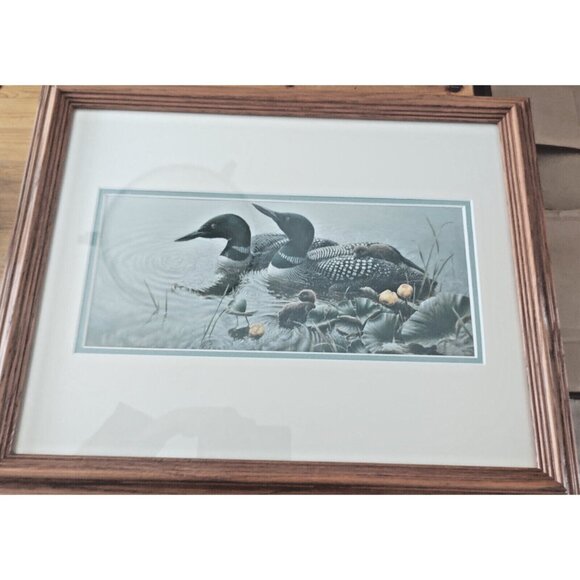 Framed & Matted Michael Dumas Art Print "Bright Water" Loons and Chicks 21 x 17 - Picture 5 of 13